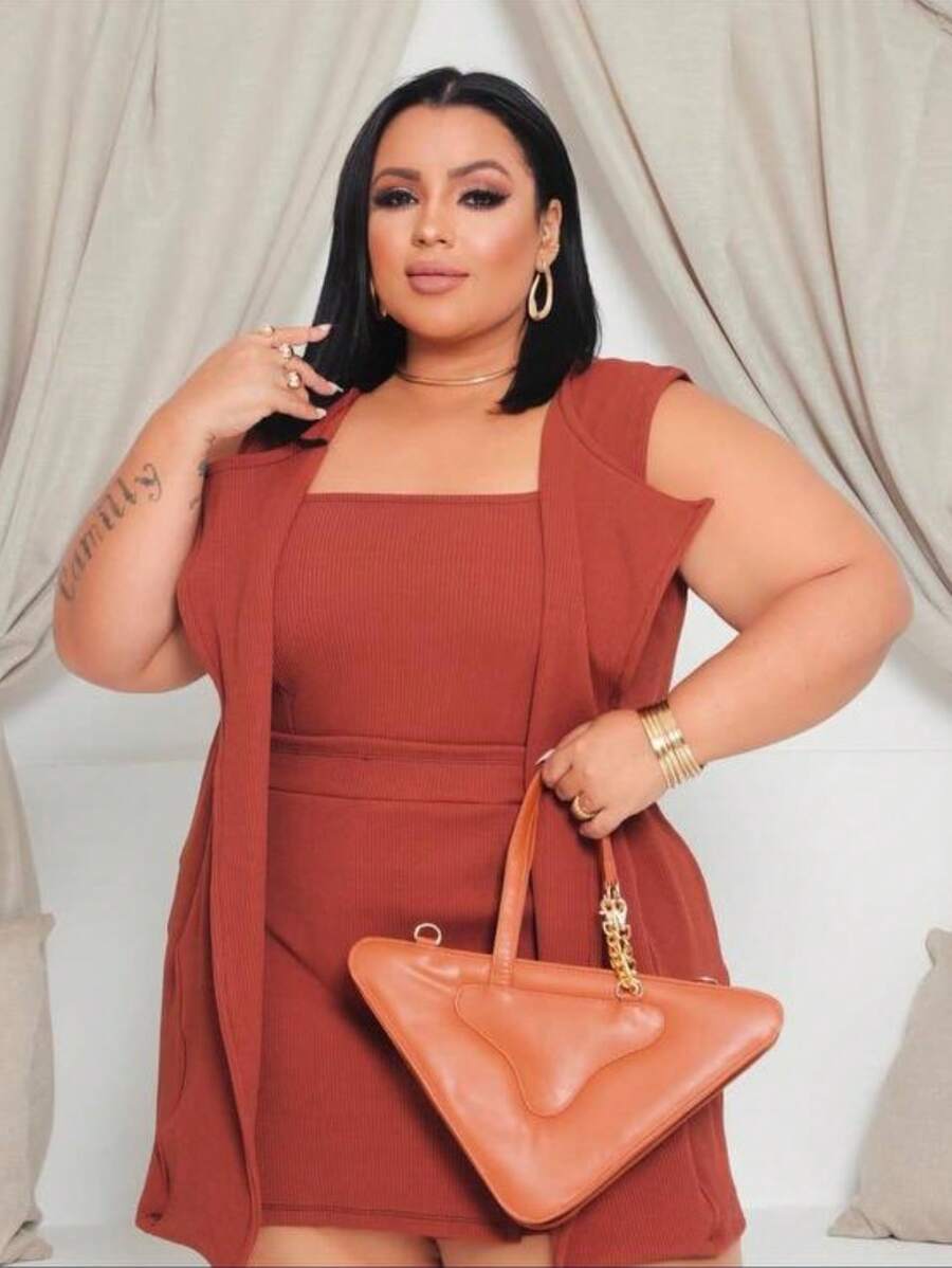 Conjunto feminino 3 peças Anarruga Cropped com Saia e Max colete empresária elegante Plus Size moderno quentinhomodinha 2025 fashion promoção