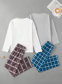 A 4-Piece Set Of Fashionable Casual Boys' Home Clothes, Featuring A Perfect Combination Of Moon Goodnight And Coffee Time Patterns, Paired With Casual Checkered Pants And A Round Neck Long Sleeved Top. Comfortable Fabric, Suitable For Daily Wear At Home And While Walking Dogs