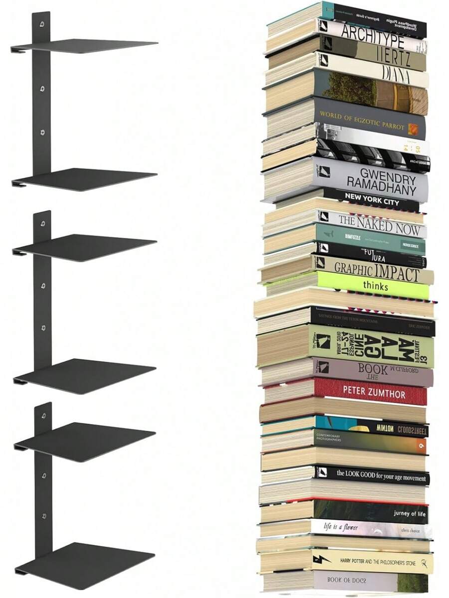 Invisible Floating Bookshelves For Wall, 6 Tier Vertical Spine Book Tower, Heavy Duty Floating Book Shelves Metal Book Organizers For Home Office, 3 Pack(Black) - Black - View 1