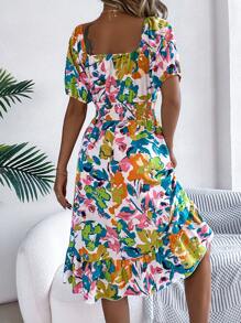 Women's Casual Vacation Puff Sleeve Drawstring Floral Mini Dress, Spring/Summer - màu xanh lá - Xem 2
