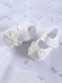 1 par de zapatos de princesa recién nacidos con suela blanda y encaje, a juego con atuendos para bebés de 0 a 2 años, para ceremonias de bautizo y uso casual diario