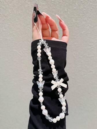 1 pièce Joli étui de téléphone avec papillon blanc romantique + nœud blanc, cadeau de sangle pour mère, famille, amis, anniversaire, vacances, charm de téléphone, chaîne de téléphone