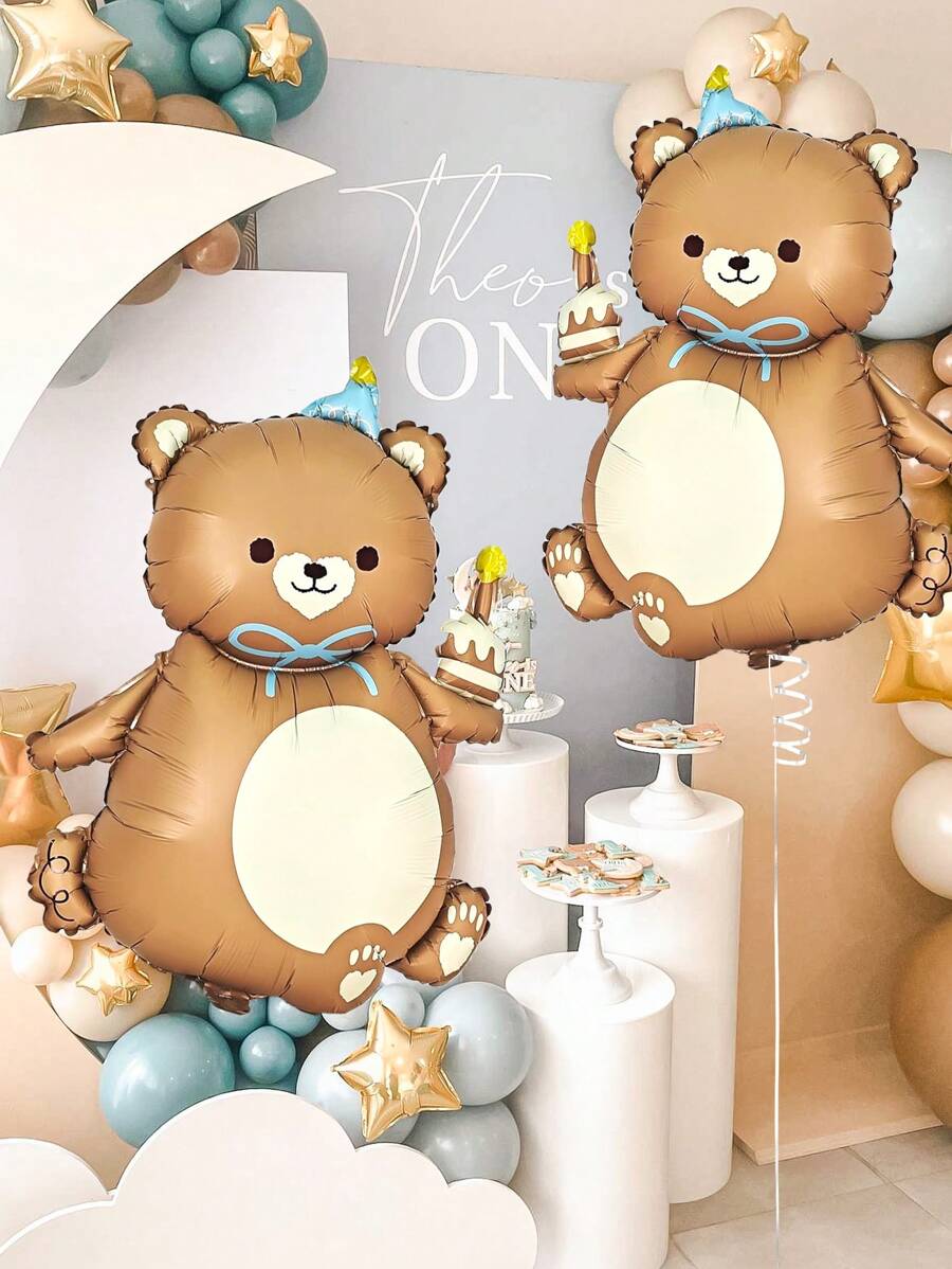1/2pcs Matte Teddy Bear Foil Balloon With Hat, Bear Holding Birthday Cake Candle Balloon Decoration Jungle, Farm Animal Birthday Party, Holiday Party, Gift, Cute Bear Holding Cake Design, Foil Birthday Party Decor, Holiday Party Room Background - Multicolor - View 1
