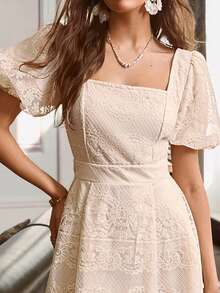 Simplee Women's Summer New Arrival Heavy Lace Lantern Sleeve Party Dress, Suitable For Party, Birthday, Wedding - Apricot - View 3