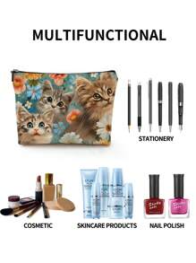 1 件彩色花卉猫抽象亚麻印花化妆包，可爱旅行化妆包和多用途零钱包，轻便女性必备礼物