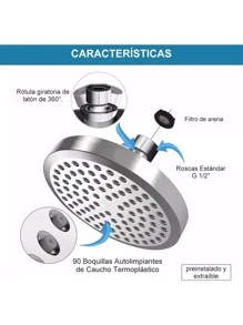 1 pieza de cabezal de ducha redondo plateado, cabezal de ducha de alta presión, puede girar 360°, salida antiobstrucción de silicona, superficie pulida, montado en la pared, de mano, suministros de baño esenciales, fácil de instalar - Plateado - Ver 2