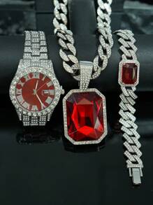 1 Set Ruby Alloy Pendant, Ruby Bracelet, Red Watch, Men's Personalized Necklace Set, Elegant Gift Set For Men - Gemstone Pendant Necklace Set - View 7