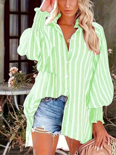 Kvinnor Lös Casual randigt tryck tvättad vintagestil blommig långärmad skjorta