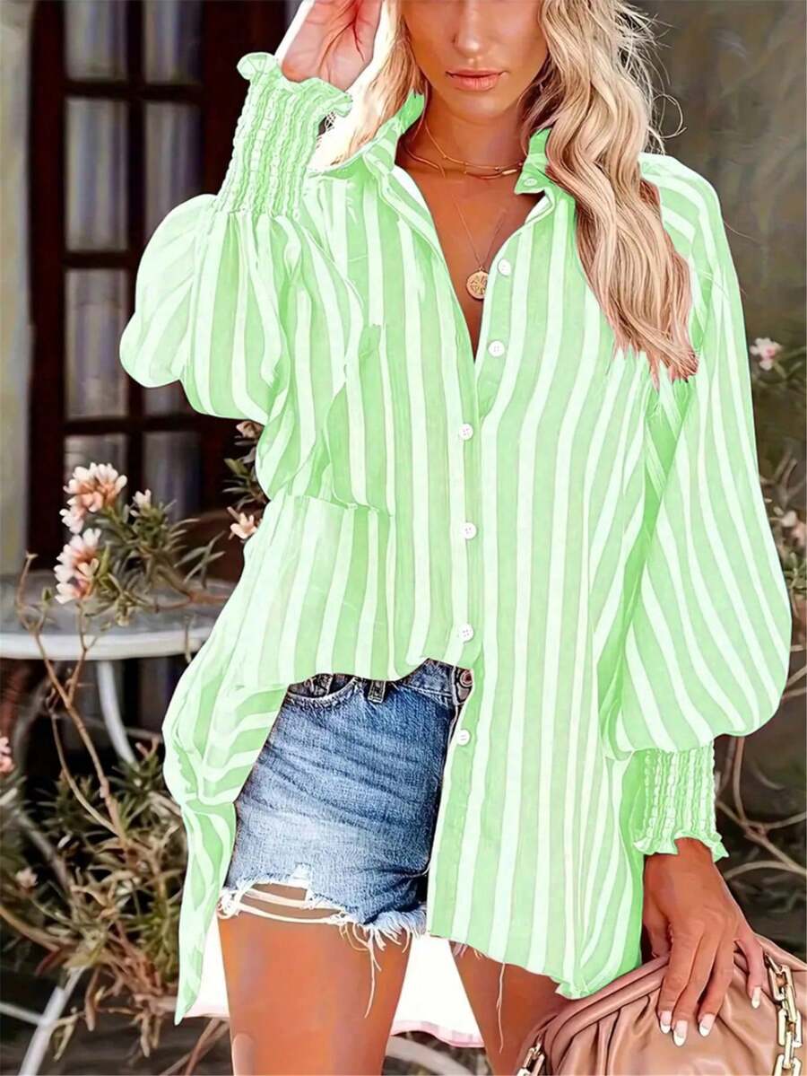Fashion Me Striped Pattern Cuff Pullover Drop Shoulder Shirt, Shirt Collar, Loose Fit, Polyester Fabric, Green Casual Shirt, Minimalist Versatile Daily Wear, All Season Spring - Green - View 1