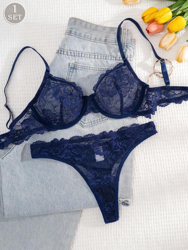 1 Set Damen Spitzenwäsche-BH und Slip Set mit Unterbügel, unifarben, bequem