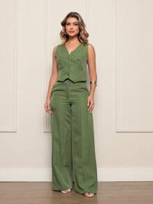Women's Set Vest With Tailored Trousers Chic Formal - Green/White - View 2