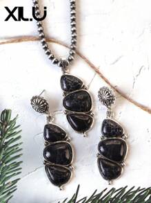 1 set de collar con colgante y aretes de estilo retro y país del oeste antiguo con diseño exagerado de color turquesa al estilo del Día de San Valentín para mujeres