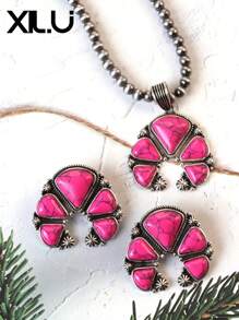 1 set de collar con colgante y aretes de estilo retro y país del oeste antiguo con diseño exagerado de color turquesa al estilo del Día de San Valentín para mujeres