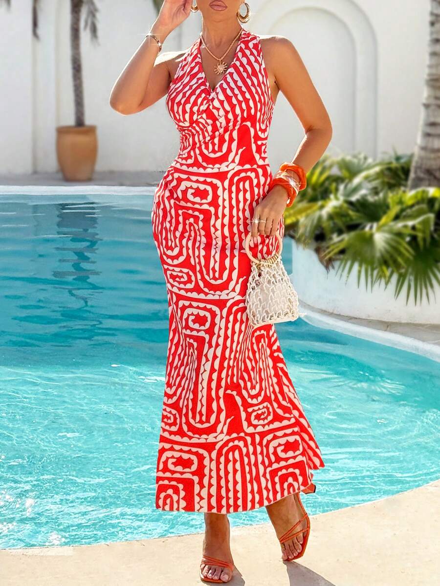 AIJ Amarilo Women's Seaside Vacation Low V-Neck Red Print Mermaid Dress With Cross-Backless Design(Random Printing) - Red - View 1