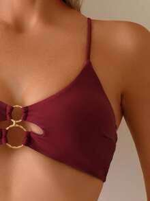 2pcs/Set Solid Color Shiny Fabric Double Loop Decor Sexy, Stretchy Swimwear For Women, Beachwear