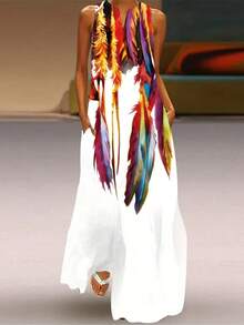 Casual Fashion Posey Dress V-Neck Long Pocket Dress Plus-Size Women's Dress