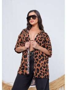 Basic Casual Plain Casual Unisex Blouse Shirt Fashion Blogger Summer Oversized Shirt Women's Beach Cover-Up - 捷豹印花 - 查看 9