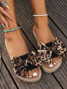 Women's Casual Fashion Slip-On Slippers, Non-Slip Versatile Bow Design, Leopard Print Bow Detail Flat Sandals For Summer Outdoor Wear