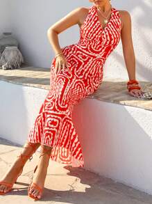 AIJ Amarilo Women's Seaside Vacation Low V-Neck Red Print Mermaid Dress With Cross-Backless Design(Random Printing) - Red - View 7