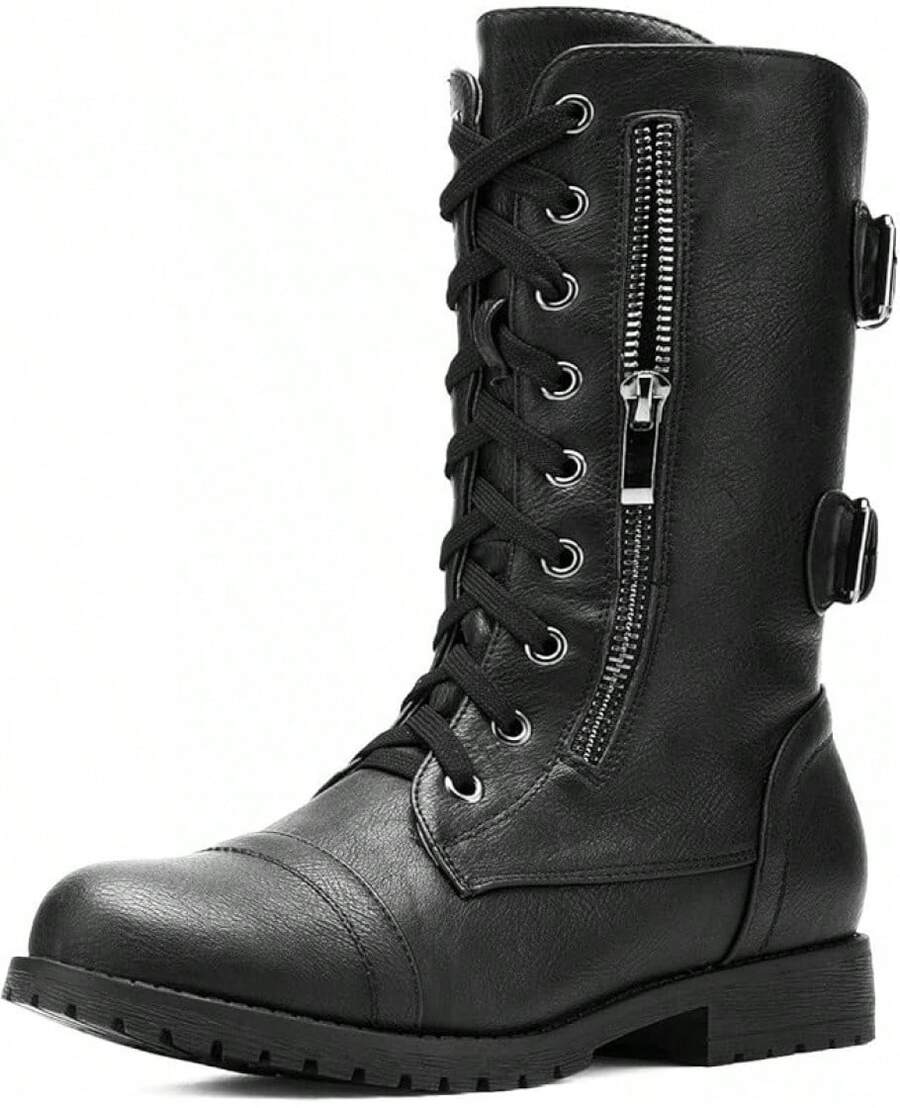 Women's Mid Calf Built-In Wallet Pocket Lace Up Combat Boots, Fashionable Combat Boots - Classic Black - View 1