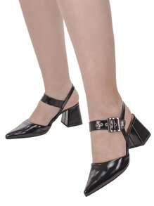 Women's Pumps Open Toe Comfortable High Heel Block Buckle Eyelet 18,400 - Black - View 7
