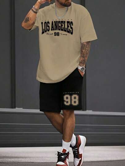 Conjunto LOS ANGELES 98 Masculino Camiseta + Short Moda Masculina Streetwear Camisa 100% Algodão e Short Tactel