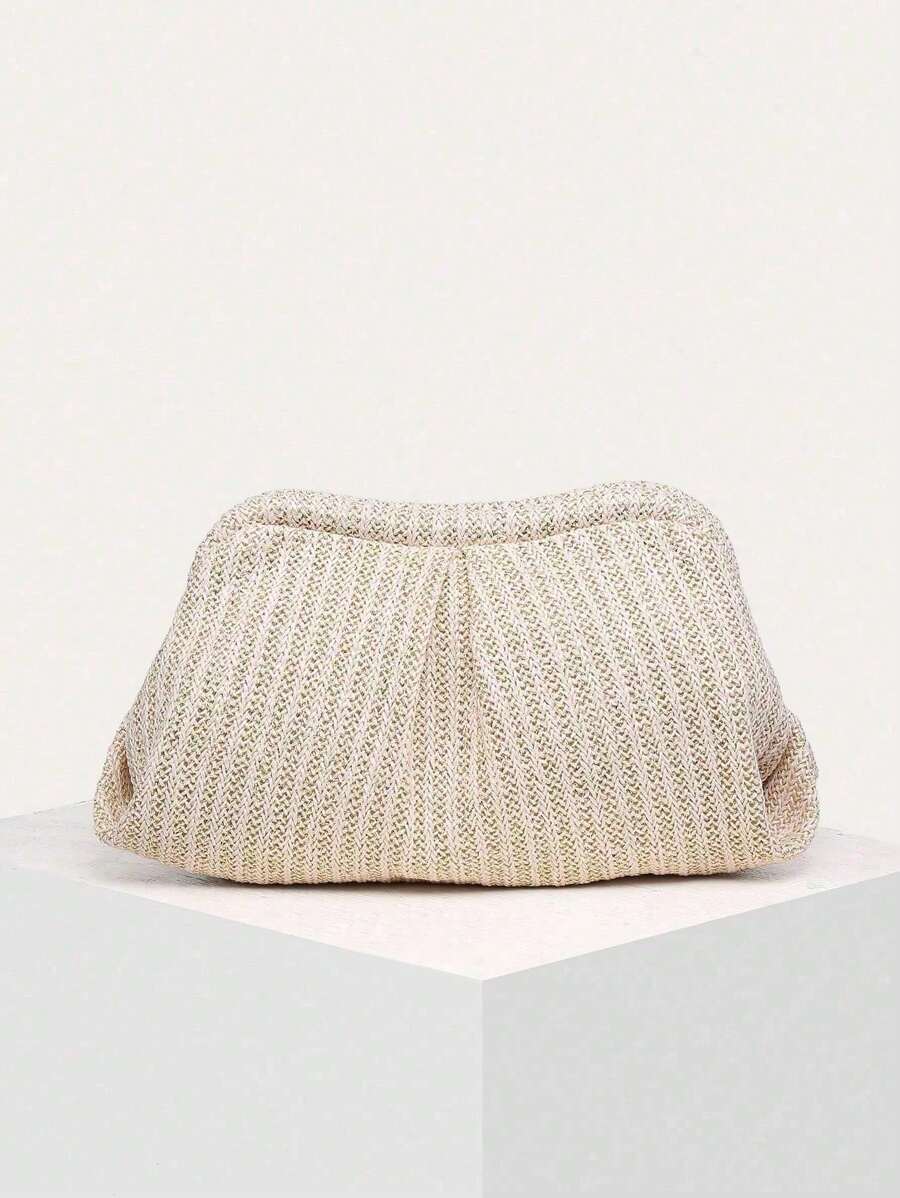 Women's Solid Color Woven Pleated Cloud Tote Bag, Vintage Style, Large Capacity, Fashion Versatile, Suitable For Shopping - Apricot - View 1