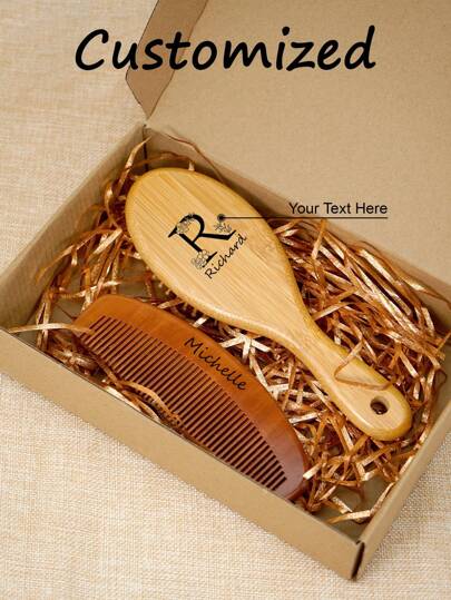 2 Pcs Personalised Custom Simple Style Comb Set, Small Size Bamboo Oval Cushion Comb &Wooden Flat Comb With Gift Box, Detangling Brush Mini Portable Travel Hair Brush Scalp Massage Brush Wooden Bamboo Air Cushion Hair Brush For All Hair Types,Paddle Hairbrush With Handle, Laser Engraved Name, Friend Gift / GirlBridesmaid Gift/ Mom Family Gift ,Birthday Gift...Hair CareChristmas Beauty Accessories