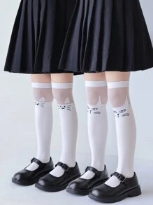 2 Pairs Kids Socks, Classic White With Cute Cartoon Cat & Fox Patterns, Versatile Casual Breathable Comfortable Soft Over-The-Knee Socks, Suitable For Festivals, Traveling, Matching Princess Dresses, Back To School - White - View 6