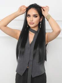 JENNIFER Extensiones de cabello sintético recto de 24 pulgadas de largo en color marrón y negro para mujeres, peluca sintética recta para uso diario y de fiesta - Negro natural - Ver 4