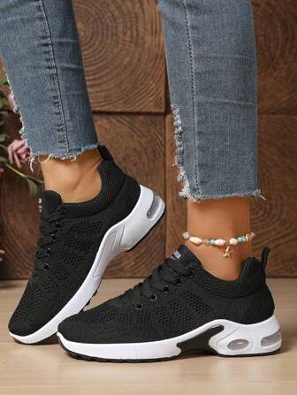 四季新款大码厚底坡跟休闲运动鞋女圆头系带深口平底飞针钩透气网鞋百搭舒适步行鞋户外运动健身散步鞋