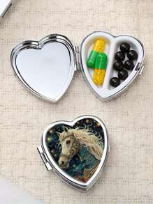 1pc Heart-Shaped Pattern Printed, 2 Compartment Mini Portable Pill Case, Metal Jewelry Box, Multi-Function Divided Storage Box For Vitamins, Earrings, Small Items, Suitable For Home, Office, Travel - Multicolor - View 5