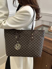 New Fashion Women's Large Capacity Full Body Print Design Letter Pattern Decoration Design Double Handle Tote Bag Suitable For Work And Commuting,School Bag,Large Capacity,Portable,Classic Casual,Business Casual,For Teen Girls Women College Students,White-Collar Workers,Perfect For Work,Back To School,Middle School,High School,College,Vacation, Fashionable Tote Bag With Zipper