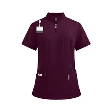 1 Set Women Stand Collar Zipper Short Sleeve Scrub Suit, Made Of Polyester Frosty Fabric, Loose Fit Nurse Scrub Uniform, Suitable For Hospital Work, Scrub Uniform Set - Burgundy - View 3