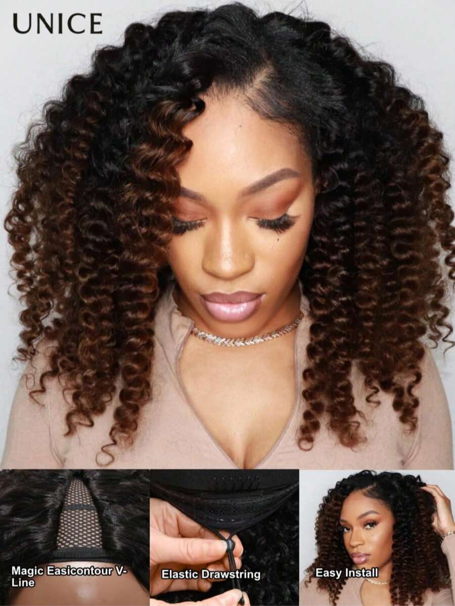 UNICE Hair EasiContour V Part Wigs Jerry Curly Ombre Chestnut Brown Glueless Human Hair Wigs Minimal Leave Out Upgrade V Part Human Hair Wig Beginner Friendly 150% Density