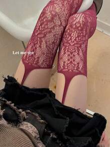 1 par de medias transparentes con diseño floral de encaje y jacquard estilo Y2K