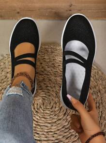 四季平底休闲运动鞋女大码低帮系带飞针钩织透气网鞋时尚百搭妈妈鞋步行鞋健康步行鞋 - 黑色 - 查看 4