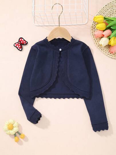 Young Girl Elegant Solid Color Knit Cardigans With Scallop Trim
