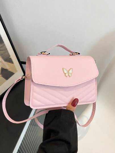 Solid Color Pu Leather Stitching With Bowknot Design Flap Shoulder Crossbody Square Bag, Suitable For Women's Daily Commute, Shopping, Travel, Gathering, Girls Night Out, Festivals, Birthday Gifts And Parties.