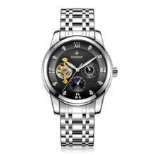Classic High-End Stainless Steel Butterfly Buckle Men's Watch, Moon & Sun 24-Hour Subdial, Multifunction Hollow Automatic Mechanical Men's Watch, Fashion Rhinestone Luminous Roman Numeral Dial Men's Wristwatch