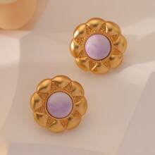 1 对复古天然石花耳钉 925 银别针，轻巧奢华小众优雅耳环，适合女性日常佩戴，送给家人和朋友的礼物 - 藍色 - 查看 3