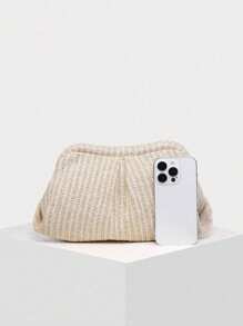 Women's Solid Color Woven Pleated Cloud Tote Bag, Vintage Style, Large Capacity, Fashion Versatile, Suitable For Shopping - Apricot - View 2