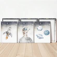 Juego de 3 piezas de arte de pared de lienzo con temática espacial - Pinturas de acuarela en lienzo con motivos de astronautas, cohetes y planetas - Decoración minimalista moderna para sala de estar, dormitorio y oficina en el hogar, perfecto para decoración de habitaciones - Material de lienzo (enmarcado) - Regalo para cumpleaños y graduación - multicolor - Ver 8