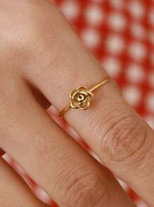 Uworld 1 Pieza Anillo abierto de acero inoxidable con baño de oro de 18K en forma de camelia francesa simple para uso diario de la mujer, adecuado para uso diario, vacaciones, festivales, fiestas, bodas, etc.