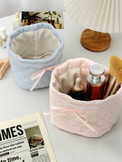 1 Cute Pink Blue Three-Dimensional Bow Lace Storage Basket, Tabletop Miscellaneous Storage Basket, Waterproof Cosmetic Storage Basket,For Back To School