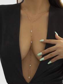 1pc Sexy Long Gold Tassel Necklace With Beaded Pendant{Random Beading}, Minimalist Single Layer Y-Shape Deep V Necklace With Rhinestone Decoration, Suitable For Women Party, Vacation, Beach, Dating, Gathering