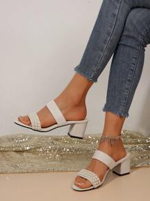 全新百搭粗跟一脚蹬凉鞋 女鞋，金色圆头