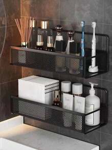 2pcs/1pc Wall Mounted Makeup Organizer, Makeup Storage Rack, Shower Caddy, Bathroom Storage Shelf, Kitchen Rack, Wall Mounted Bathroom Organizer, Iron Storage Basket, Suitable For Cosmetics And Bath Products, Shower Rack For Shampoo, Toner And Makeup, Bathroom Accessories, Dorm Supplies, RV Accessories - Multicolor - View 4