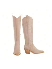 Reitoye Spring Summer Cowboy Boots For Women Embroidery Western Cowgirl Knee High Chunky Heel Boots With Pull-Up Tabs Prom Wedding Cowgirl Boot - 卡其色 - 查看 8