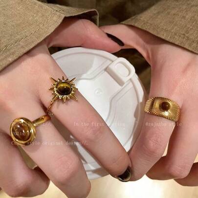1 件/3 件金色向日葵和虎眼石戒指，独特设计开口可调节女士戒指
